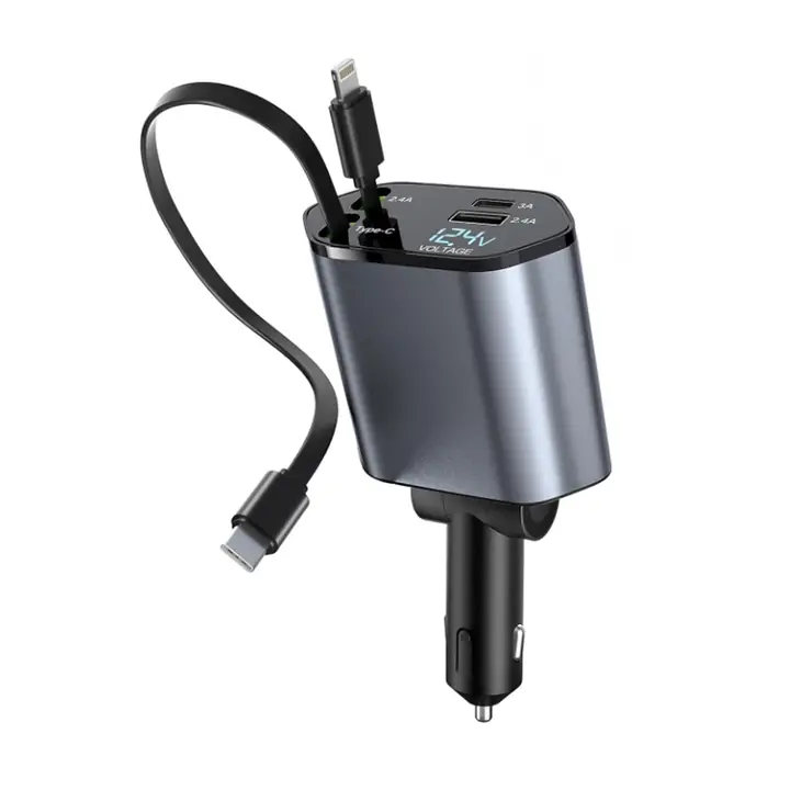 4-in-1 Super Fast Car Charger With Dual Built-in Cables Dual USB Ports
