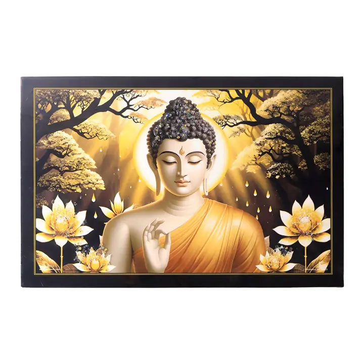 Decorative Lord Buddha Wall Painting With Wooden Frame Mix Design 45x30 Cm Approx (1 Pc)