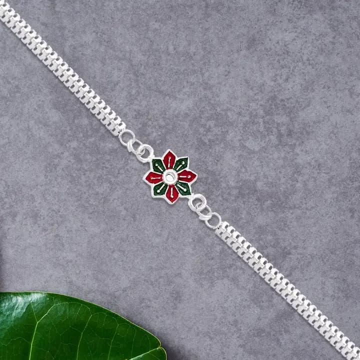 Star Floral Rakhi With Red-green Enamel And Silver Chain