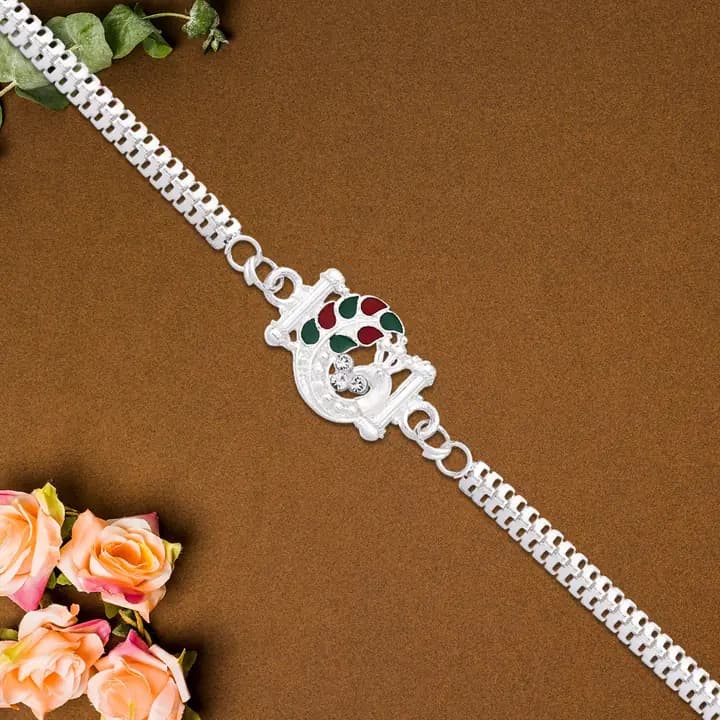 Silver Finish Rakhi With Red-green Enamel