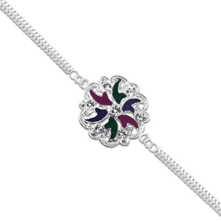 Silver Floral Rakhi With Multicolor Enamel Chain Band